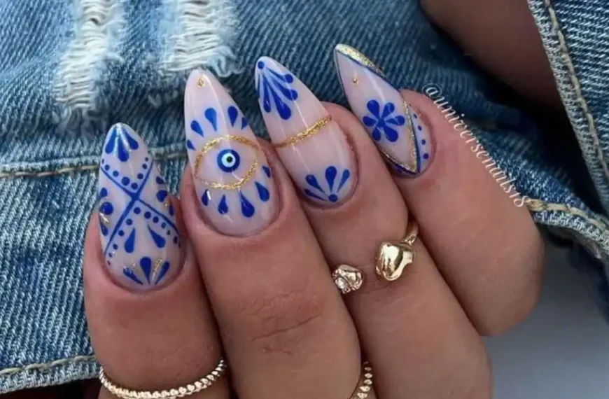 Blue and White Wedding Nails
